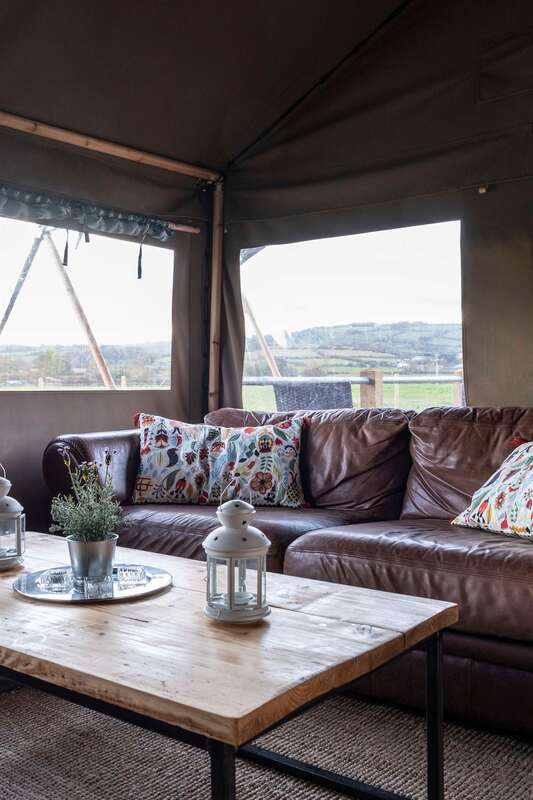sitting room in safari tent with Exmoor beyond